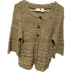 Kim Rogers Cardigan olive marbled cable knit 3 button flared sleeve Large